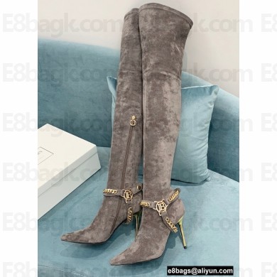 Balmain Okt Chain Detail Thigh-high Boots Suede Gray 2021