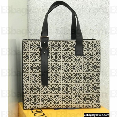 Loewe Buckle Tote Bag in Anagram Jacquard and Calfskin Black/White