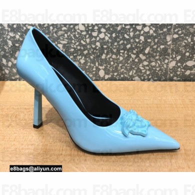 Versace Heel 9.5cm La Medusa Patent Leather Pumps Sky Blue 2021