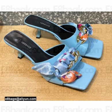 Versace Heel 5.5cm Medusa Chain Foulard Mules Sky Blue 2021