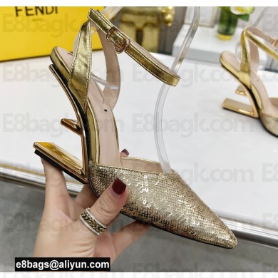 FENDI FIRST Leather High-heeled Sandals Sequins Gold with Ankle Strap 2021