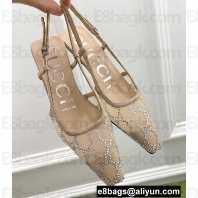 Gucci Heel 4cm GG Slingback Pumps Mesh Beige/Crystals 2022
