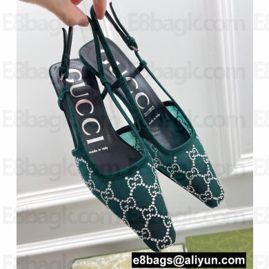 Gucci Heel 4cm GG Slingback Pumps Mesh Green/Crystals 2022