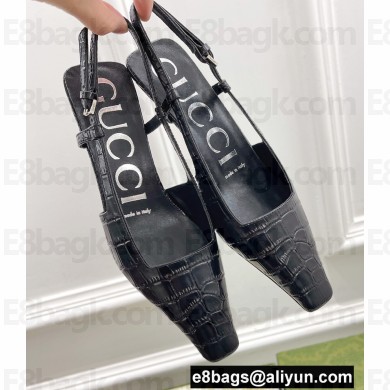 Gucci Heel 4cm Crocodile Print Slingback Pumps Black 2022