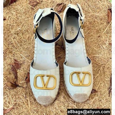 Valentino Leather VLogo Wedge Espadrilles White