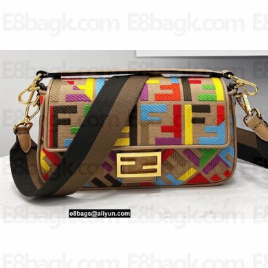 Fendi Medium Baguette Bag FF Embroidered Canvas Multicolor 2021