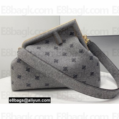 Fendi First Medium Flannel Bag Gray with Karligraphy Embroidery 2021