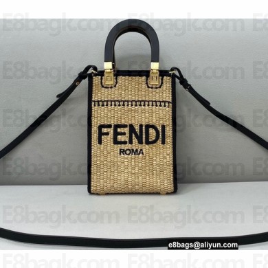 Fendi Mini Sunshine Shopper Bag Braided Straw Black 2021
