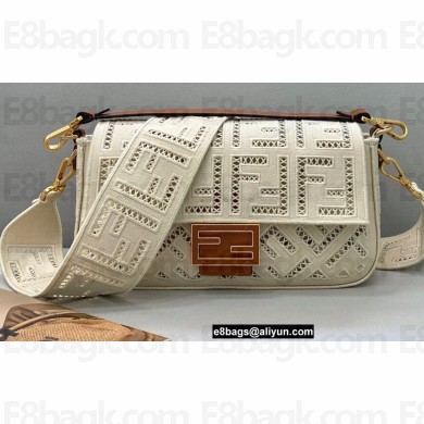 Fendi Medium Baguette Canvas Bag White with Embroidery 2021