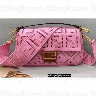 Fendi Medium Baguette Canvas Bag Pink with Embroidery 2021