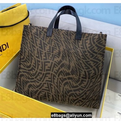 Fendi Shopper Tote Bag Brown Jacquard Fabric FF Vertigo Graphic Print 2021