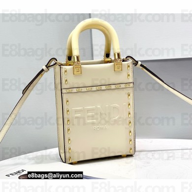 Fendi Leather Mini Sunshine Shopper Bag White with Metal Stitching 2021