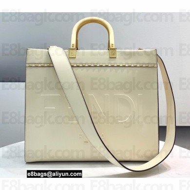 Fendi Leather Sunshine Medium Shopper Tote Bag White with Metal Stitching 2021