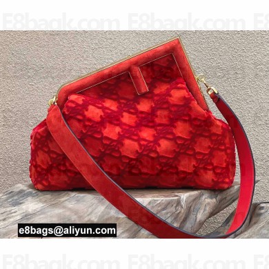 Fendi First Medium Suede Bag Red with Karligraphy Embroidery 2021