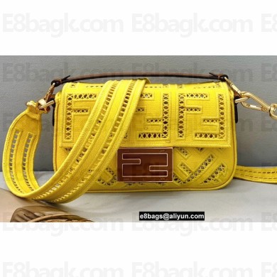 Fendi Mini Baguette Canvas Bag Yellow with Embroidery 2021