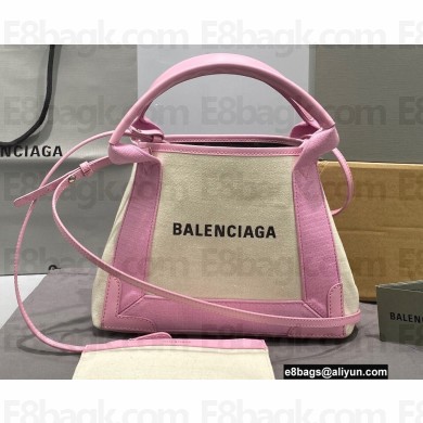 Balenciaga Navy XS Cabas Tote Bag in Cotton Canvas and Calfskin Pink/Light Beige 2021