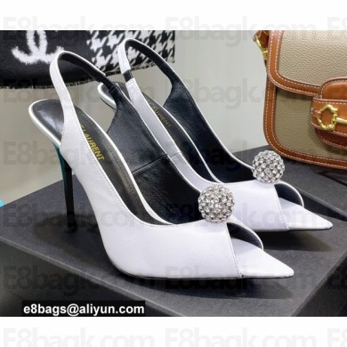 Saint Laurent Heel 10.5cm Leather Slingback Sandals White with Crystal Ball 2021
