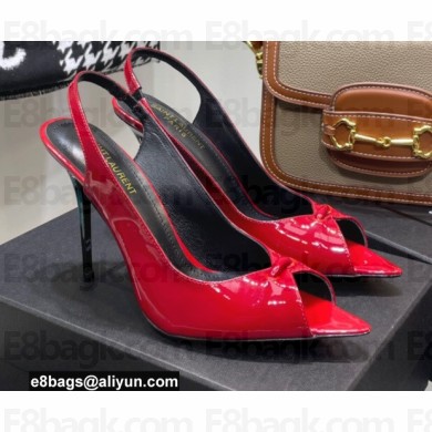 Saint Laurent Heel 10.5cm Lui Slingback Sandals in Patent Leather Dark Red 2021