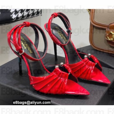 Saint Laurent Heel 10.5cm Pleated Leather Sandals Patent Red 2021