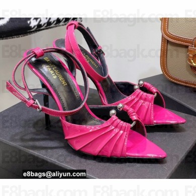 Saint Laurent Heel 10.5cm Pleated Leather Sandals Patent Fuchsia 2021