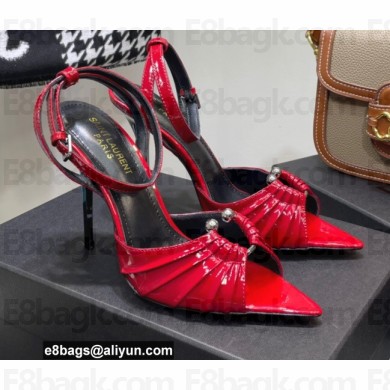 Saint Laurent Heel 10.5cm Pleated Leather Sandals Patent Dark Red 2021