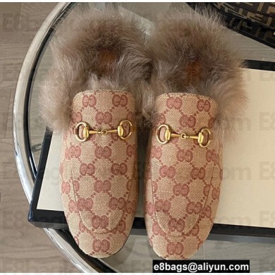 Gucci Wool Fur Horsebit Princetown Slippers GG Canvas Beige 2022