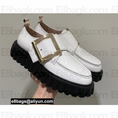 Roger Vivier Viv’ Go-Thick Metal Buckle Loafers in Patent Leather White 2022