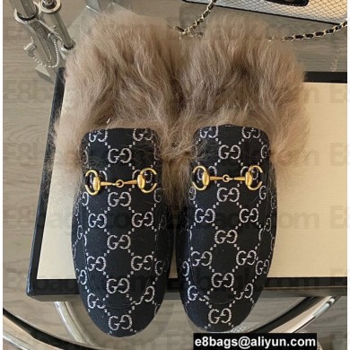 Gucci Wool Fur Horsebit Princetown Slippers GG Canvas Black 2022