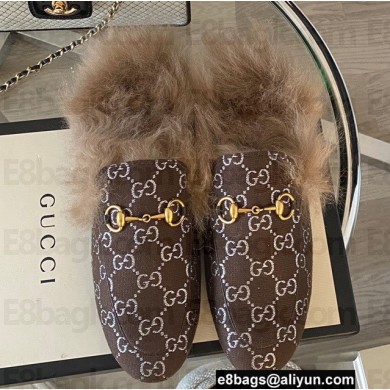 Gucci Wool Fur Horsebit Princetown Slippers GG Canvas Coffee 2022