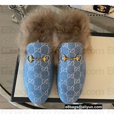 Gucci Wool Fur Horsebit Princetown Slippers GG Canvas Light Blue 2022