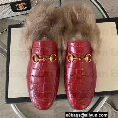 Gucci Wool Fur Horsebit Princetown Slippers Croco Pattern Red 2022