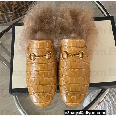 Gucci Wool Fur Horsebit Princetown Slippers Croco Pattern Yellow 2022