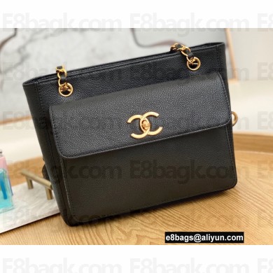 Chanel Vintage Gold-Tone Metal CC Logo Shopping Tote Bag 6706 Caviar Leather Black