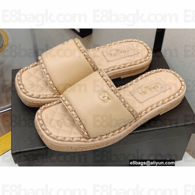 Chanel Platform 2cm Lambskin Chain Around Mules Beige 2022