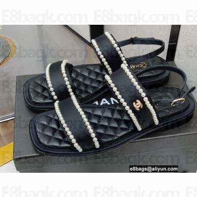 Chanel Satin and Imitation Pearls Sandals G38423 Black 2022