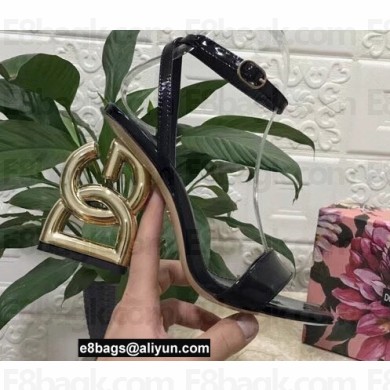 Dolce & Gabbana Heel 10.5cm Leather Sandals Patent Black with DG Pop Heel 2021
