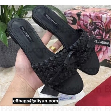 Dolce & Gabbana Woven nappa leather Bow Flat Sliders Black 2021