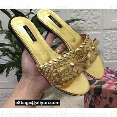 Dolce & Gabbana Woven nappa leather Bow Flat Sliders Gold 2021