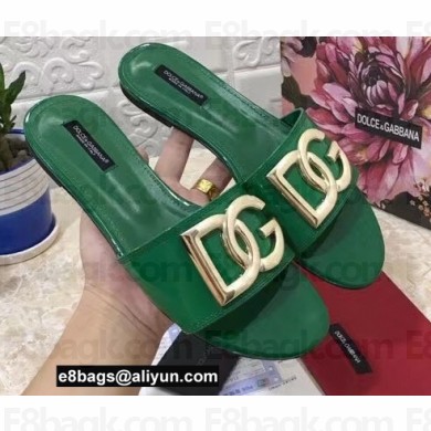 Dolce & Gabbana Patent leather sliders Green with DG Pop logo 2021
