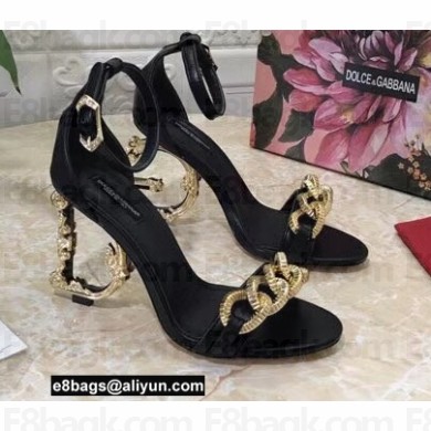 Dolce & Gabbana Heel 10.5cm Leather Chain Sandals Black with Baroque DG heel 2021