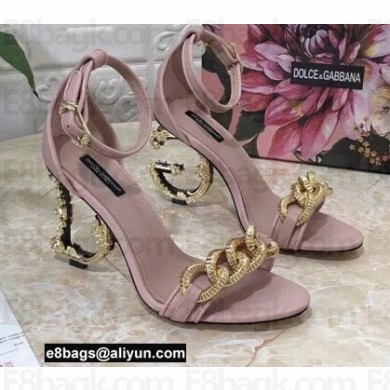 Dolce & Gabbana Heel 10.5cm Leather Chain Sandals Nude Pink with Baroque DG heel 2021