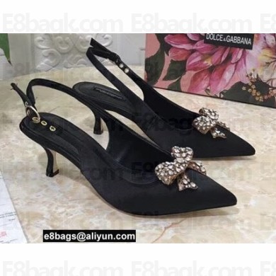 Dolce & Gabbana Heel 6.5cm Slingback Pumps Satin Black with Crystal Bow 2021