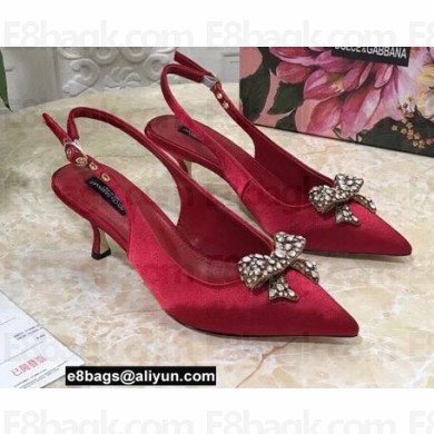 Dolce & Gabbana Heel 6.5cm Slingback Pumps Satin Red with Crystal Bow 2021