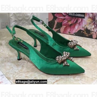 Dolce & Gabbana Heel 6.5cm Slingback Pumps Satin Green with Crystal Bow 2021