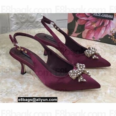 Dolce & Gabbana Heel 6.5cm Slingback Pumps Satin Burgundy with Crystal Bow 2021