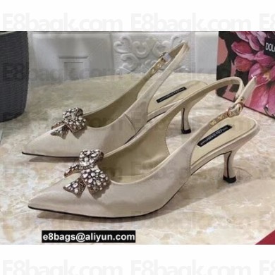 Dolce & Gabbana Heel 6.5cm Slingback Pumps Satin Beige with Crystal Bow 2021