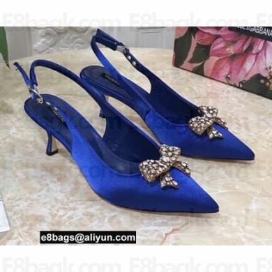Dolce & Gabbana Heel 6.5cm Slingback Pumps Satin Blue with Crystal Bow 2021