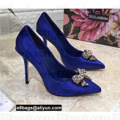 Dolce & Gabbana Heel 10.5cm Pumps Satin Blue with Crystal Bow 2021