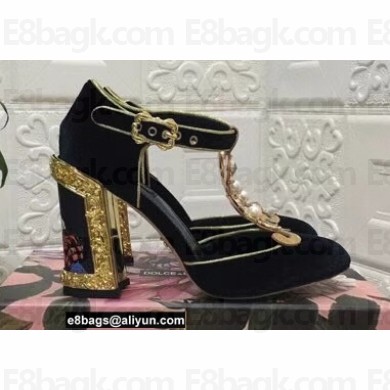 Dolce & Gabbana Painted Heel 10.5cm T-strap Pumps Velvet Black 2021