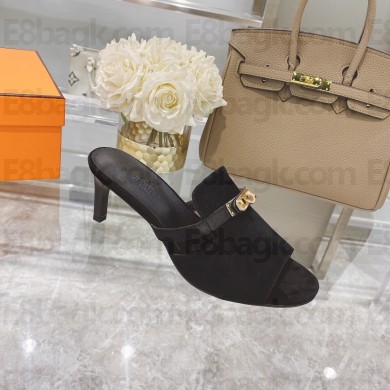 hermes heel 6.5cm suede calfskin Cute sandal black